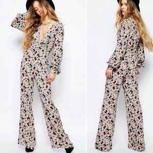 Free People Some Like It Hot Floral Jumpsuit Almond Combo